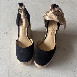Jessica Simpson Black Wedge Espadrille Sandals with Cream Ankle Ties Tropical
